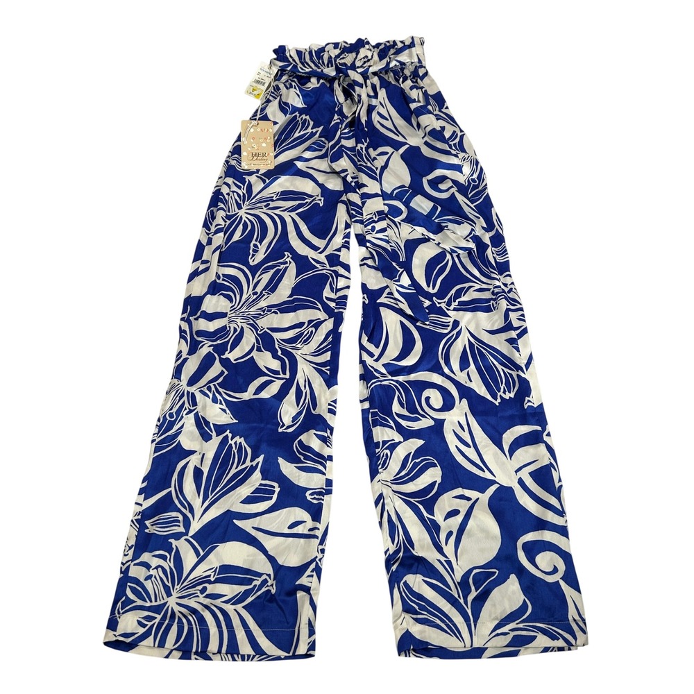 Her Destiny Womens Small Blue White Floral Wide Leg Paperbag Waist Palazzo Pants